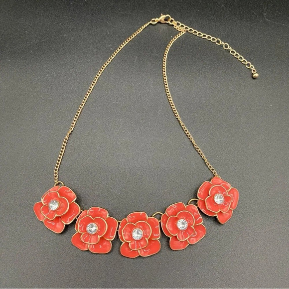 Coral Floral Enamel Rose  Collar Necklace - Picture 2 of 10